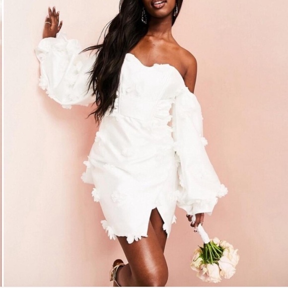 ASOS Jackets & Blazers - NEW‎ ASOS Luxe white balloon sleeved dress with 3-D flowers and bow detail sz 10